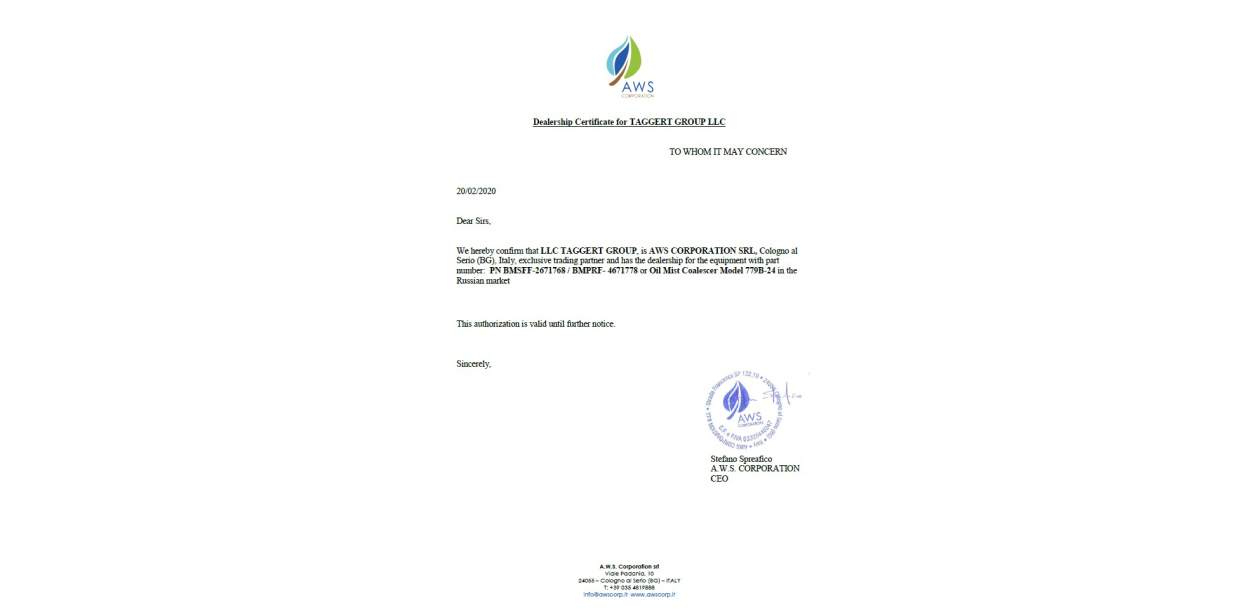EXCLUSIVE DEALER CERTIFICATE AWS CORPORATION