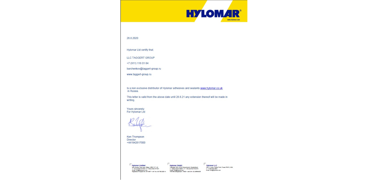 AUTHORISED DISTRIBUTOR CERTIFICATE HYLOMAR